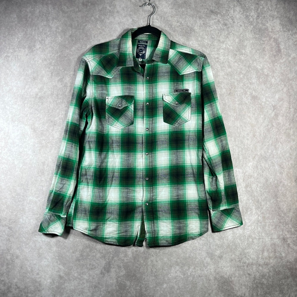 Diesel Shirt Mens Medium Green Plaid Western Pearl Snap Long Sleeve Cowboy